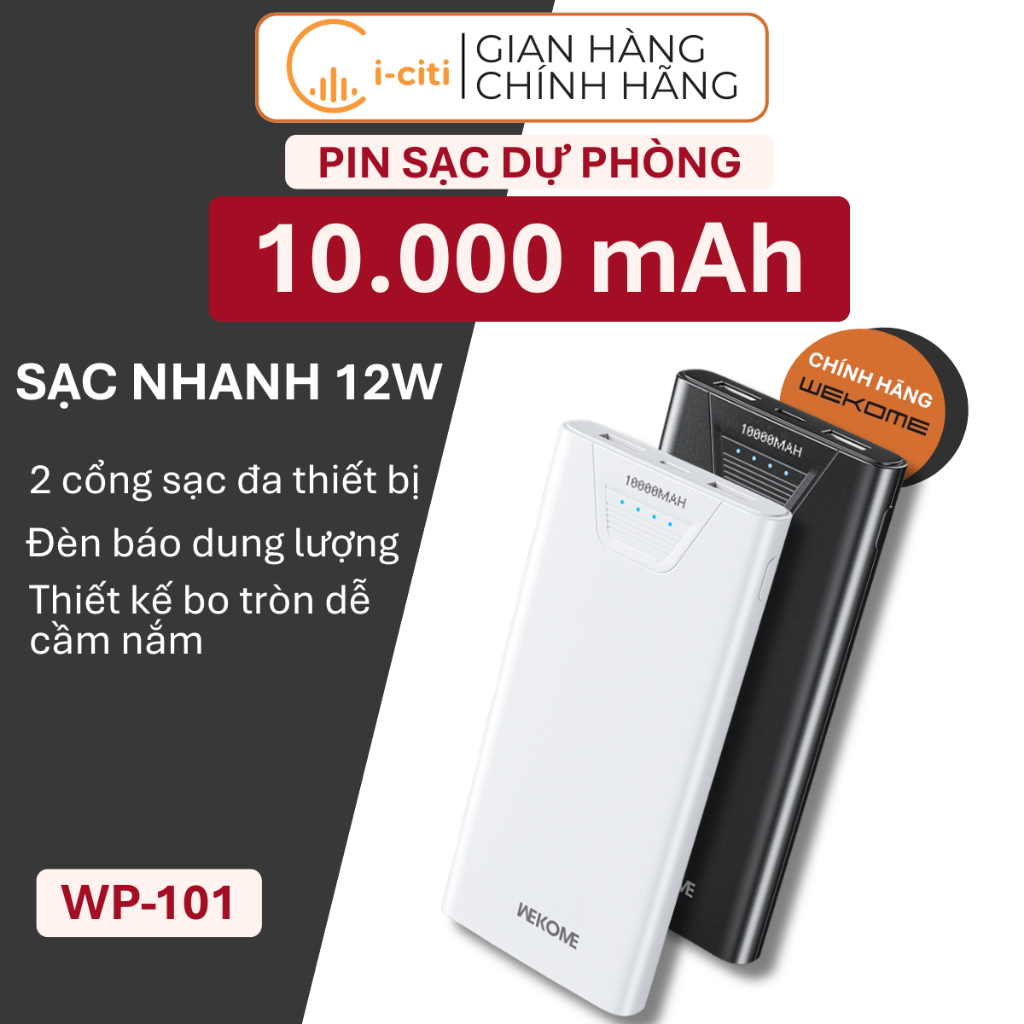 Pin sạc dự phòng Wekome WP-101 10000mAh sạc nhanh 12W 2 cổng USB nhỏ gọn tiện lợi
