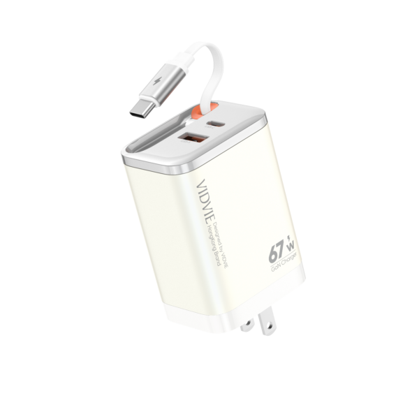 Sạc Siêu Nhanh VIDVIE (XL-PLM324) 67W PD3.0/PPS – 3 Cổng + Cáp USB-C Liền, Sạc Laptop MacBook iPhone Samsung, Sạc Đa Thiết Bị